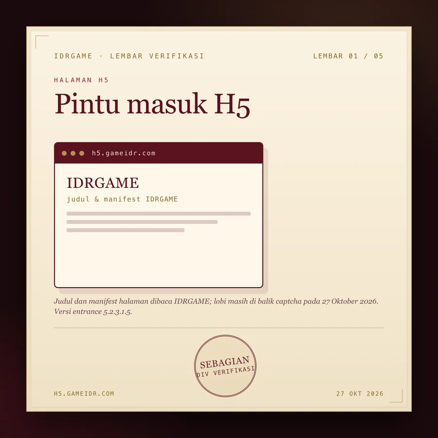 Lembar verifikasi H5 idrgame: judul dan manifest IDRGAME terbaca, lobi di balik captcha, versi entrance 5.2.3.1.5