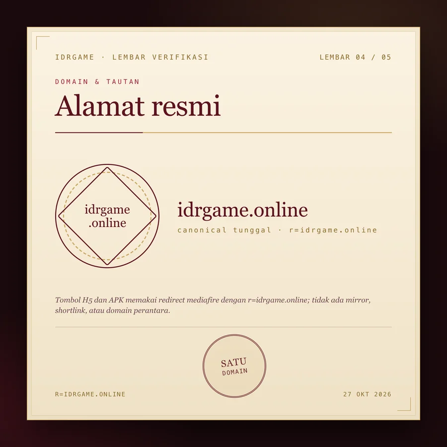 Lembar domain resmi idrgame.online dengan segel dan penanda r=idrgame.online